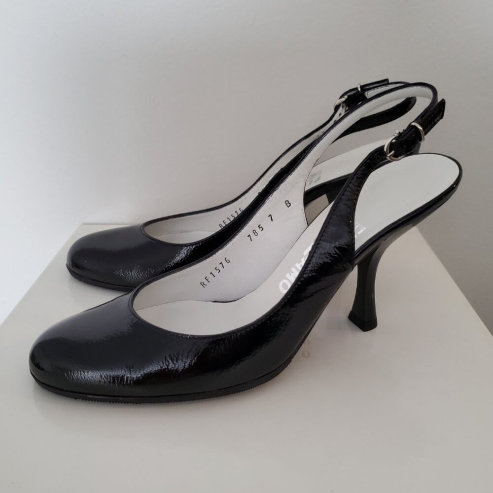 NEW Salvatore Ferragamo Black Patent Round-toe Slingback Pumps 7B